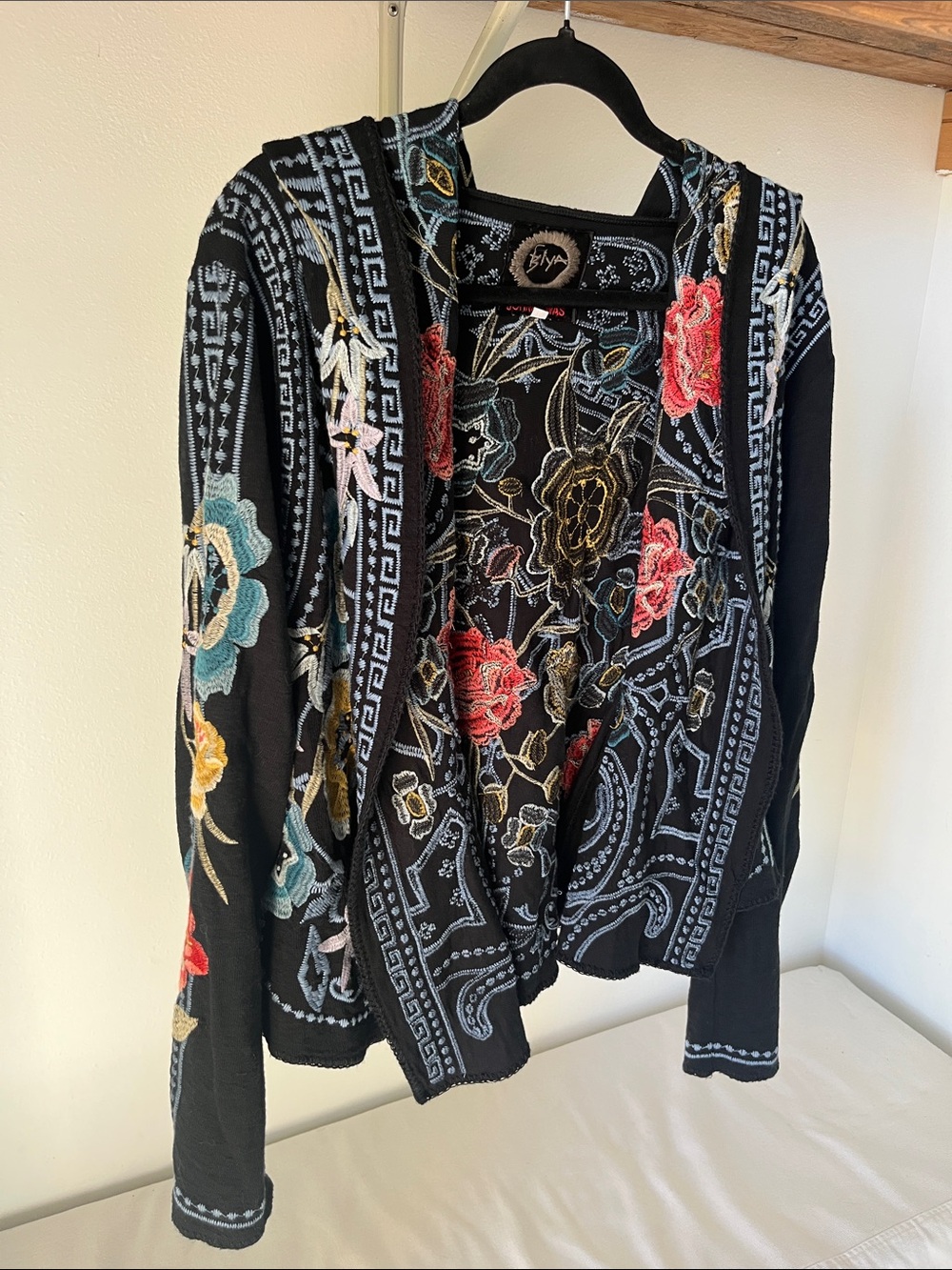 Johnny Was Black Hooded Cardigan with Multicolor Floral Embroidery